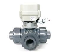 Válvula de bola eléctrica de plástico de 1 pulgada, 3 vías, unión verdadera, extremo de pegamento, con actuador ISO5211, 15 Nm, anulación manual e indicador de posición(T Flow Plan a,GLUE END-CR303)
