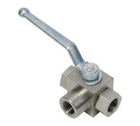 Válvula de bola hidráulica manual de 3 vías para tamaños de rosca BSP 1/4 a 3/4 Construcción de acero al carbono con sello de goma Presión de funcionamiento de hasta 500 bar (G3/4)