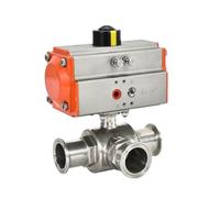 Válvula de bola neumática de 3 vías, tipo férula de triple abrazadera, de acero inoxidable 304, de 38 mm y con cilindro de doble efecto
