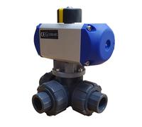 Válvula de bola neumática de PVC de 3 vías de paso completo de 63 mm, con cierre por resorte y asiento de PTFE