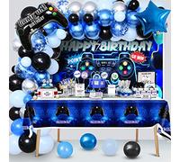 vamei Decoración Cumpleaños Niño Globos Videojuegos con Telón de Fondo Cumpleaños Mantel Kit Guirnalda de Globos Azul Negro, Decoración Fiesta Cumpleaños para Infantil
