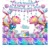 vamei Decoración Cumpleaños Sirena Globos Cola de Sirena y Concha con Pancarta Happy Birthday Topper Tarta Decoracion Guirnalda Mantel para Niños Niñas
