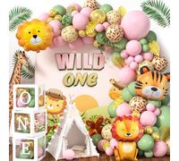 vamei Globos Animales de la Selva Safari Decoracion Cumpleaños 1 Año con Jungla Arco Globos de Cumpleaños Caja de Globos para Fiesta de Primer Animale Baby Shower Niñas Niños (Rosa)