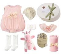 vamei Regalo Bebe Recien Nacido Niña con Mameluco & Marioneta de Mano & Manta & Babero & Hito del Bebé & Gorro & Calcetines, Regalo Bebe Cesta Recien Nacido Niña Niño Regalos para Baby Shower