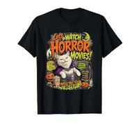 Vamos a Ver películas de Terror Cat Popcorn Halloween Camiseta gráfica económica, Hombre, Negro, M