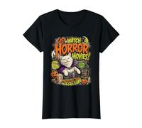 Vamos a Ver películas de Terror Cat Popcorn Halloween Camiseta gráfica económica, Mujer, Negro, M