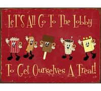 Vamos todos al vestíbulo a comprarnos un capricho, divertido cartel de hojalata para bar, pub, garaje, cafetería, decoración de pared para el hogar, póster artístico retro vintage de 8 x 12 pulgadas