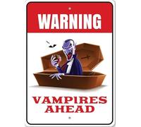 ¡Vampiros a la vista!, Ataúd de copa de vino con forma de vampiro, Letrero metálico de Halloween.