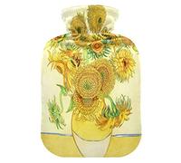 Van Gogh - Botella de agua caliente de girasol con funda de forro polar suave, bolsa grande de agua caliente de 2 litros para compresas frías y calientes