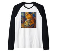 Van Gogh Cat Painting Funny Artístico Cat Coffee Lover Camiseta Manga Raglan