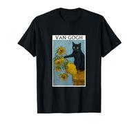 Van Gogh Gato Negro con Girasoles Gato Divertido Camiseta
