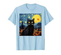 Van-Gogh Meets Black Tabby: Funny Cat Portrait Famous Art Camiseta, Hombre, Azul Bebé, L