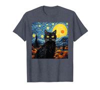 Van-Gogh Meets Black Tabby: Funny Cat Portrait Famous Art Camiseta, Hombre, Azul Jaspeado, XL