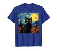 Van-Gogh Meets Black Tabby: Funny Cat Portrait Famous Art Camiseta, Hombre, Azul Real, L