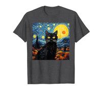Van-Gogh Meets Black Tabby: Funny Cat Portrait Famous Art Camiseta, Hombre, Jaspeado Oscuro, M