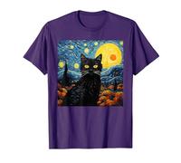 Van-Gogh Meets Black Tabby: Funny Cat Portrait Famous Art Camiseta, Hombre, Morado, XL