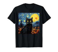 Van-Gogh Meets Black Tabby: Funny Cat Portrait Famous Art Camiseta, Hombre, Negro, 3XL