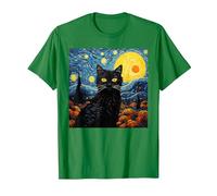 Van-Gogh Meets Black Tabby: Funny Cat Portrait Famous Art Camiseta, Hombre, Verde Kelly, L