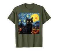 Van-Gogh Meets Black Tabby: Funny Cat Portrait Famous Art Camiseta, Hombre, Verde Oliva, L