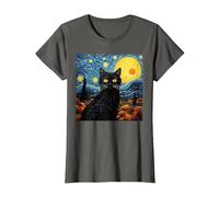 Van-Gogh Meets Black Tabby: Funny Cat Portrait Famous Art Camiseta, Mujer, Asfalto, M