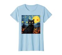 Van-Gogh Meets Black Tabby: Funny Cat Portrait Famous Art Camiseta, Mujer, Azul Bebé, L