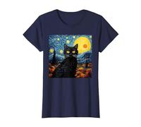 Van-Gogh Meets Black Tabby: Funny Cat Portrait Famous Art Camiseta, Mujer, Azul Marino, L