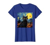 Van-Gogh Meets Black Tabby: Funny Cat Portrait Famous Art Camiseta, Mujer, Azul Real, M