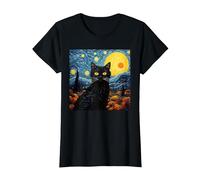 Van-Gogh Meets Black Tabby: Funny Cat Portrait Famous Art Camiseta, Mujer, Negro, L