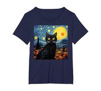 Van-Gogh Meets Black Tabby: Funny Cat Portrait Famous Art Camiseta, Mujer Tallas Grandes, Azul Marino, 4XL Grande