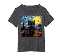 Van-Gogh Meets Black Tabby: Funny Cat Portrait Famous Art Camiseta, Mujer Tallas Grandes, Jaspeado Oscuro, 1XL Grande