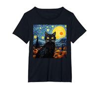 Van-Gogh Meets Black Tabby: Funny Cat Portrait Famous Art Camiseta, Mujer Tallas Grandes, Negro, 1XL Grande