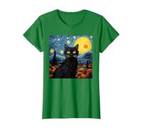 Van-Gogh Meets Black Tabby: Funny Cat Portrait Famous Art Camiseta, Mujer, Verde Kelly, 3XL