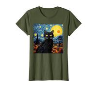 Van-Gogh Meets Black Tabby: Funny Cat Portrait Famous Art Camiseta, Mujer, Verde Oliva, S