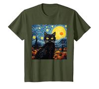 Van-Gogh Meets Black Tabby: Funny Cat Portrait Famous Art Camiseta, Niños, Verde Oliva, 4 años