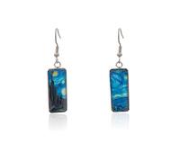 Van Gogh - Pendientes de noche estrellada pintados de metal azul, diseño único vintage de cristal rectangular para mujeres, hermanas, madres, joyería colgante, Plata de ley, Sin piedra preciosa