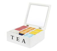 Van Henry Caja para té de madera con 9 compartimentos y ventana - Caja de almacenamiento para bolsitas de té Blanco - 21,5 x 21,5 x 8,5 cm