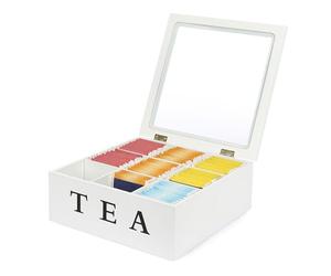 Van Henry Caja para té de madera con 9 compartimentos y ventana - Caja de almacenamiento para bolsitas de té Blanco - 21,5 x 21,5 x 8,5 cm