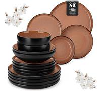 vancasso AMBER Juego de Vajilla Completo para 12 Personas, Plato Vajilla 48 Piezas de Gres - Platos Llanos, Platos de Postre, Ensaladeras y Cuencos - Apto para Lavavajillas, Esmalte Reactivo Rojo