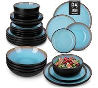 vancasso AMBER Juego de Vajilla Completo para 6 Personas, Plato Vajilla 24 Piezas de Gres - Platos Llanos, Platos de Postre, Ensaladeras y Cuencos - Apto para Lavavajillas, Esmalte Reactivo Azul