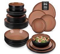 vancasso AMBER Juego de Vajilla Completo para 6 Personas, Plato Vajilla 24 Piezas de Gres - Platos Llanos, Platos de Postre, Ensaladeras y Cuencos - Apto para Lavavajillas, Esmalte Reactivo Rojo