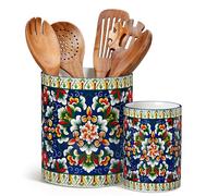 vancasso Juego de 2 Soporte para Utensilios de Cocina Bohemio, 18,6 cm + 14 cm Porta Cubiertos de Ceramica, Tarros Organizador Decorativos para Encimera, Joya Verdeante