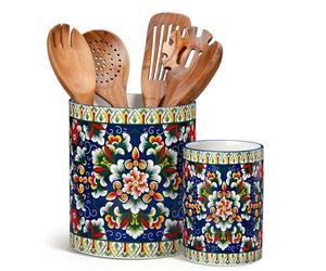 vancasso Juego de 2 Soporte para Utensilios de Cocina Bohemio, 18,6 cm + 14 cm Porta Cubiertos de Ceramica, Tarros Organizador Decorativos para Encimera, Joya Verdeante