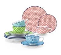 vancasso macaron Juego de Café 12pcs, con 4 Tazas de Cafe 200ml y 4 Platillos, 4 Platos de Postre, Porcelana, para Desayuno Cafe, Leche, Juego de Té de la Tarde para 4 Personas