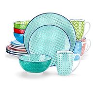 vancasso MACARON Juego de Vajilla de 16 Piezas, Estilo Japoneses, Vajilla Elegantes de Porcelana para 4 Personas con 4 Platos Llanos, 4 Platos de Postre, 4 Cuencos de Cereales y 4 Tazas de Café
