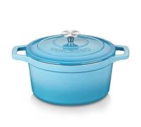 vancasso Olla de Hierro Fundido, 26 cm / 5 Litros Horno Holandés Hierro Fundido Esmaltado con Tapa Redonda de Acero Inoxidable para Cocina Estofado, Paella, Freír, Asar, Saltear - Azul