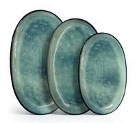 vancasso Platos Vajilla de Gres, Juego de 3 Platos, Platos Ilanos Ovalados, Platos de Postre, Platos de Desayuno, Platos para Tartas, Platos para Comer en 3 tamaños, Verde