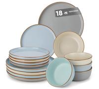 vancasso RENO Vajillas Completas 6 Personas,Vajilla 18 Piezas de Gres-6 Platos Llanos,6 Platos Postre y 6 Cuencos-Esmaltado Reactivo en 3 Tonos Claros Azul/Gris/Beige,Apto Lavavajillas