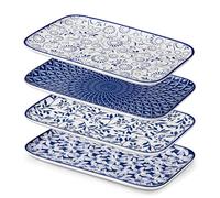 vancasso SELENE Juego de 4 Platos Rectangulares de Porcelana para Servir - 30,8 cm - Plato para Postres, Pastas y Ensalada, Apto para Microondas - Estilo A Oriental Chino Azul y Blanco