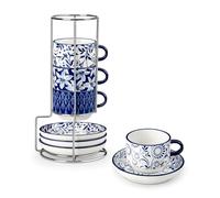 vancasso SELENE - Juego de Tazas de Café y Desayuno con Plato y Soportes - 4 x 150 ml - Tazas de Porcelana Para Té, Capuchino, Leche, Avena, Apto Lavavajillas y Microondas - Vintage en Azul y Blanco