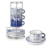 vancasso SELENE - Juego de Tazas de Café y Desayuno con Plato y Soportes - 4 x 270 ml - Tazas de Porcelana Para Té, Capuchino, Leche, Avena, Apto Lavavajillas y Microondas - Vintage en Azul y Blanco